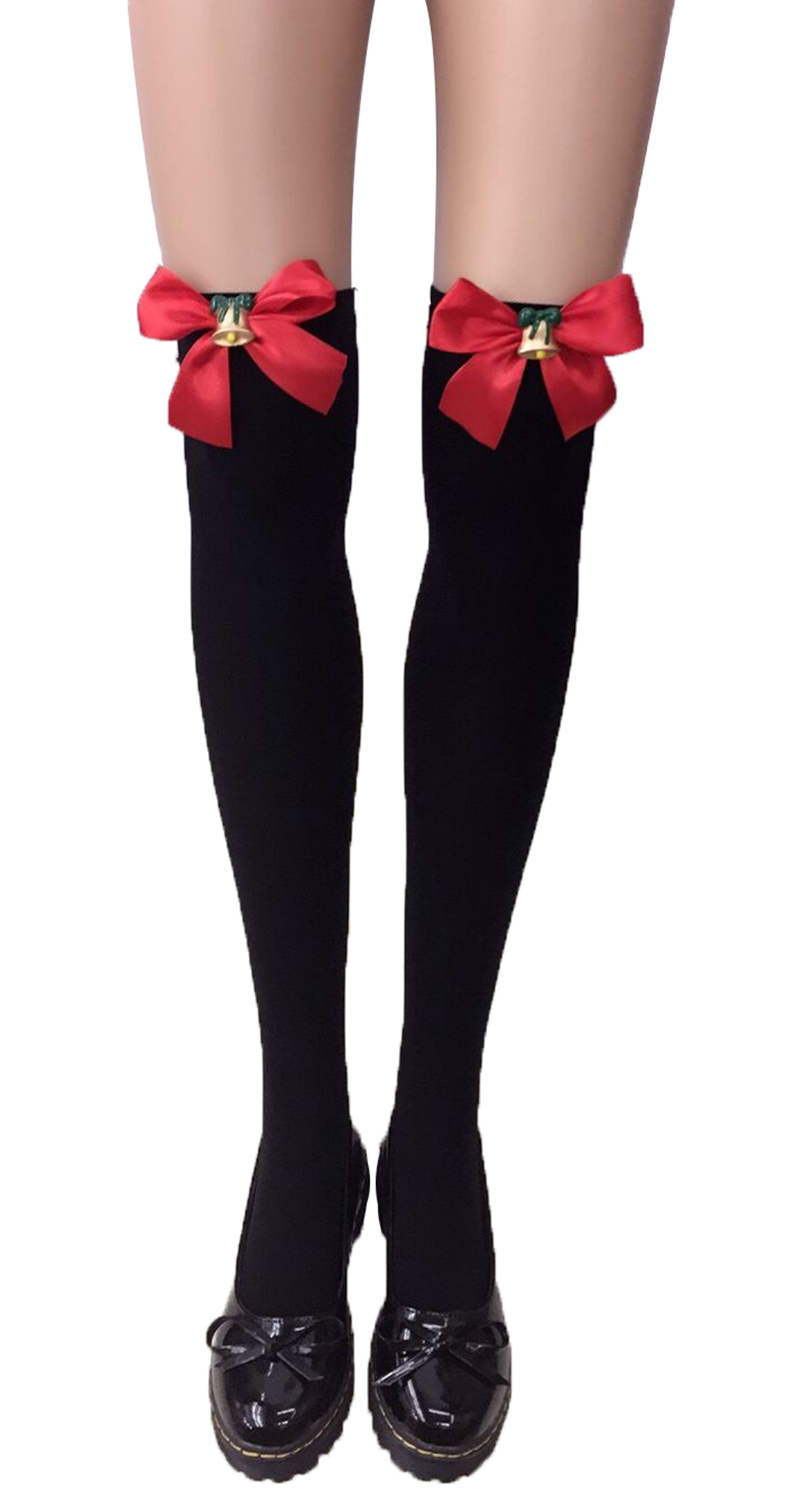 F8195-2 Thigh Stocking with Satin Bows Opaque Over The Knee Halloween Socks